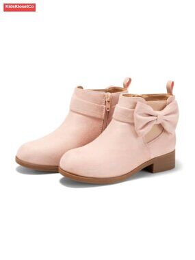 Girls Faux Suede Ankle Boots Low Chunky Heel Side Zipper Bow Booties